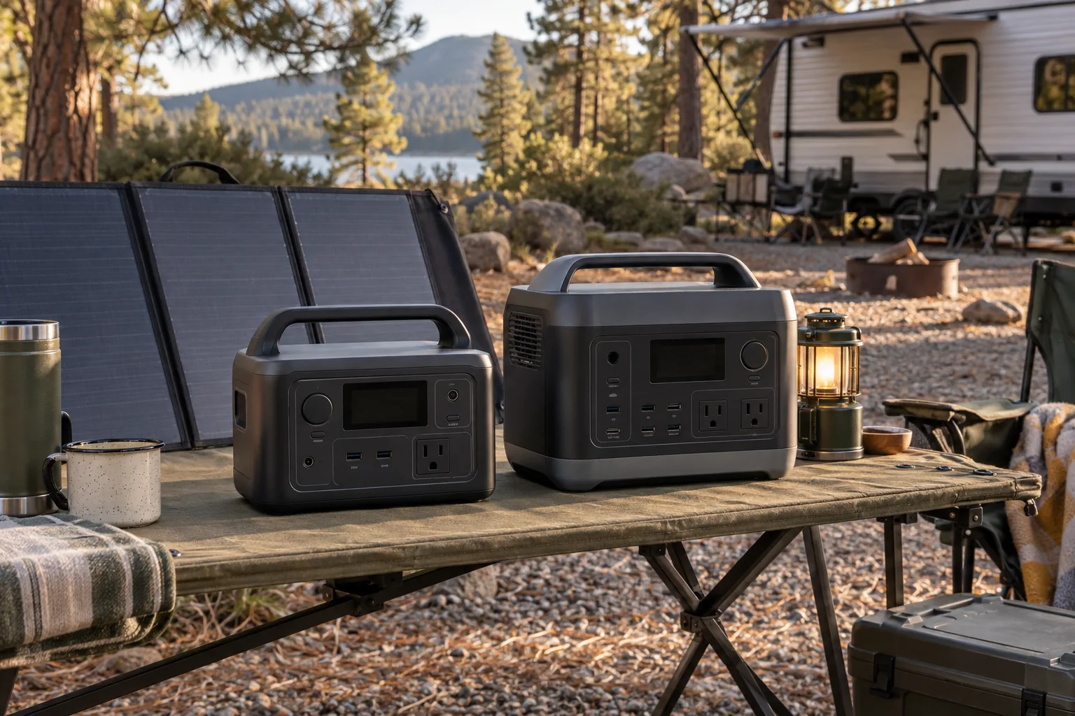 Two different unbranded portable power stations on an outdoor campsite table with a folded solar panel