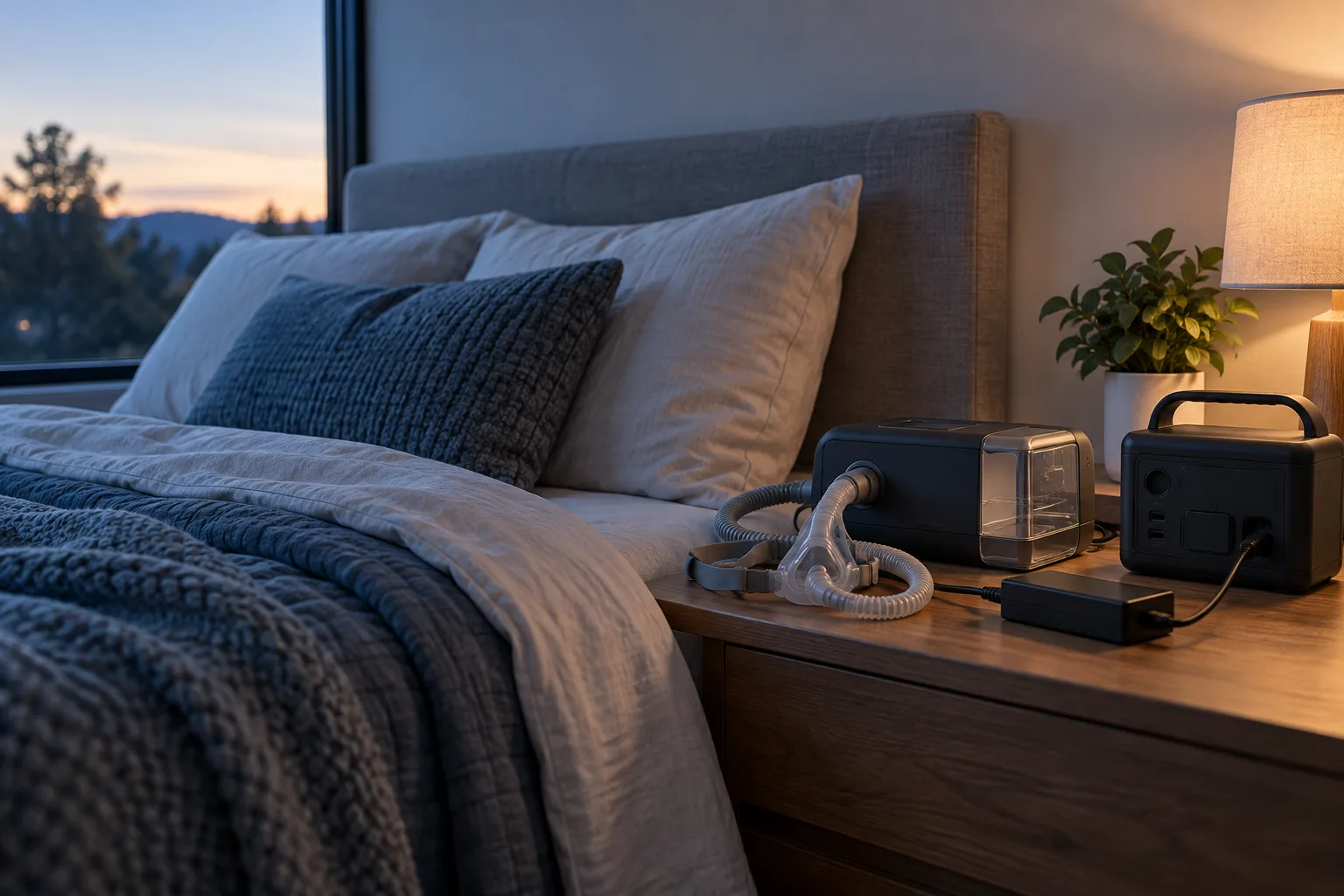 Generic CPAP equipment and a compact portable power station arranged on a bedroom bedside table