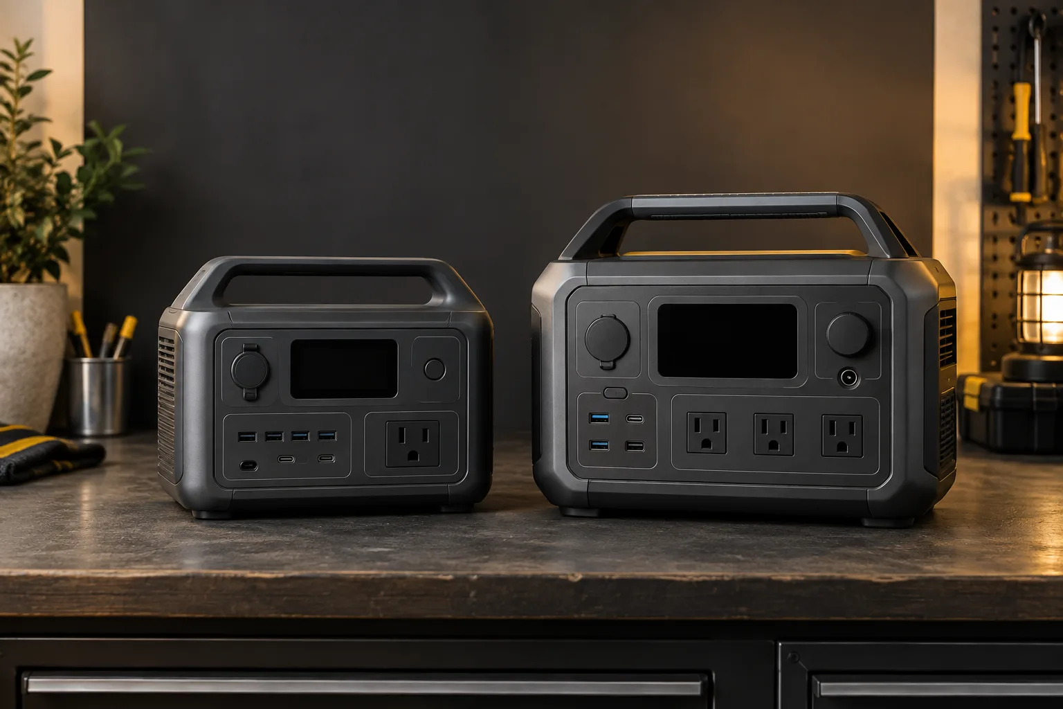 Two different unbranded portable power stations side by side on a workshop bench for model comparison