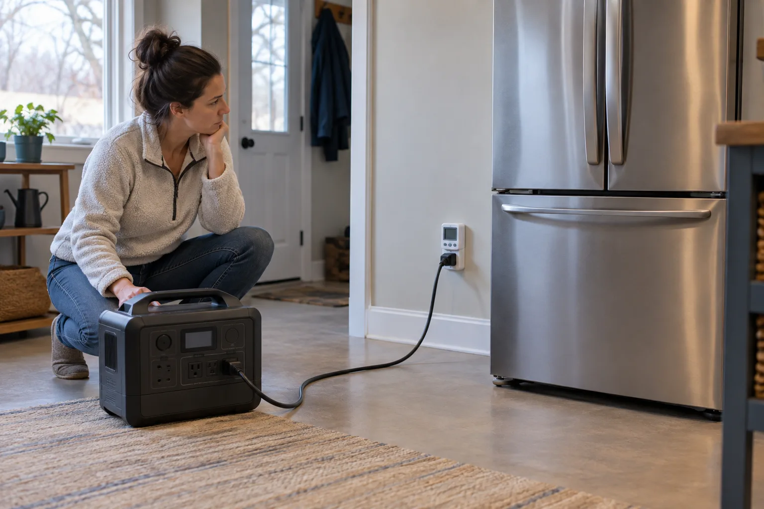 Portable power station and plug-in meter beside a household refrigerator during backup planning
