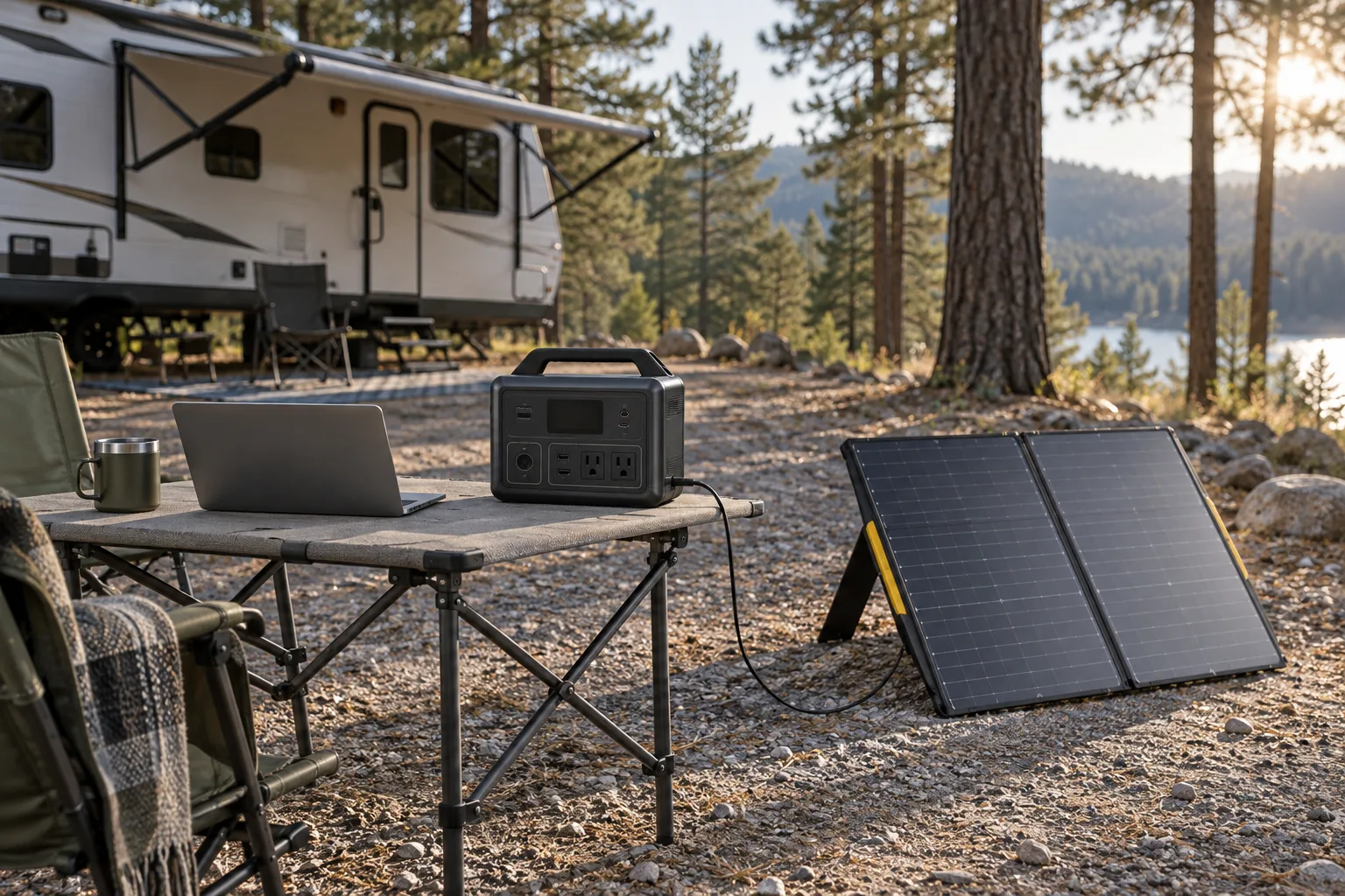 Portable power station, folded solar panels and laptop beside a travel trailer at a forest campsite